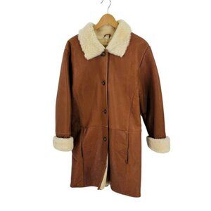 Vintage Excelled Shearling Leather Coat Chestnut Sheepskin Button Up Size S